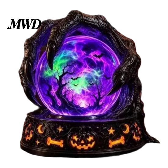 Ghostly Castle Night Light LED Lighted Halloween Faux Crystal Ball Decoration, Resin Witch/Skeleton/Cat/Ghost Figurine with Vintage Style Collectible