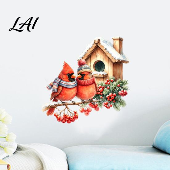 Bird Wall Decals Christmas Sticker Watercolor PVC Decal Waterproof Winter Decorative Theme Window Cling for Glass Doors And Storefronts Festive Door