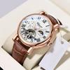 Скелетон Автоматические механические наручные часы с фазами Луны Роскошные полые часы с турбийоном для мужчин с кожаным ремешком и деловыми часами