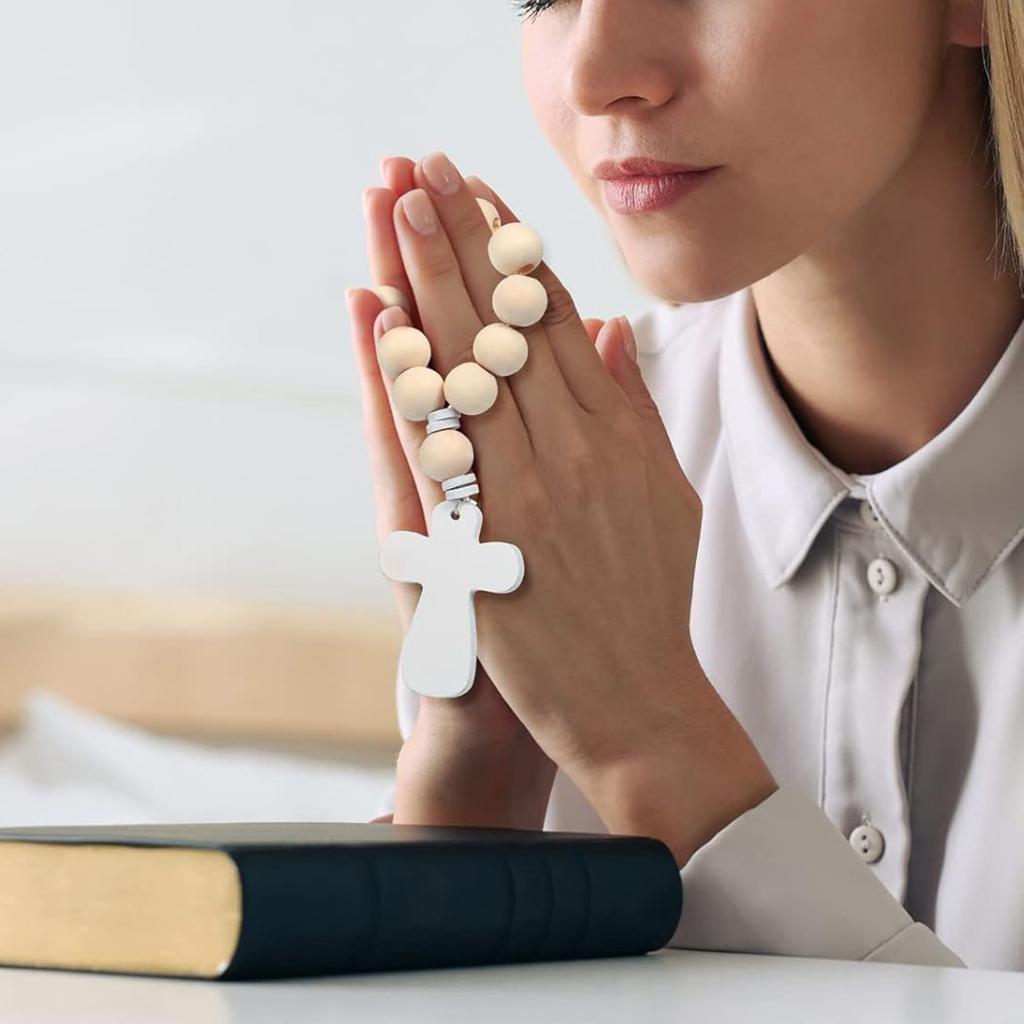 18Pcs Catholic Wooden Rosary Beads Bracelet with Crosses Pendant with Mesh Drawstrings Bag for Baptism First Communion