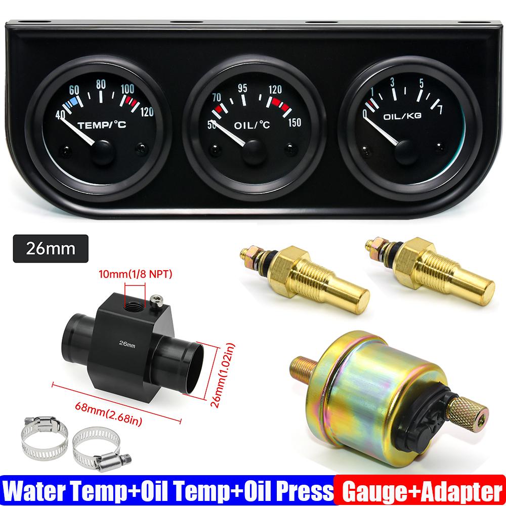 3IN1 Water Temperature Meter+Oil Temp Gauge+Oil Pressure Gauge with Radiator Hose Adapter 26MM-40MM Car Triple Meter Kits 12V