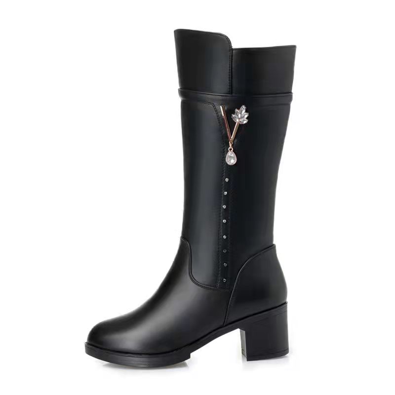 Женские зимние сапоги, женские сапоги из натуральной кожи, теплые шерстяные сапоги на высоком каблуке, женские сапоги