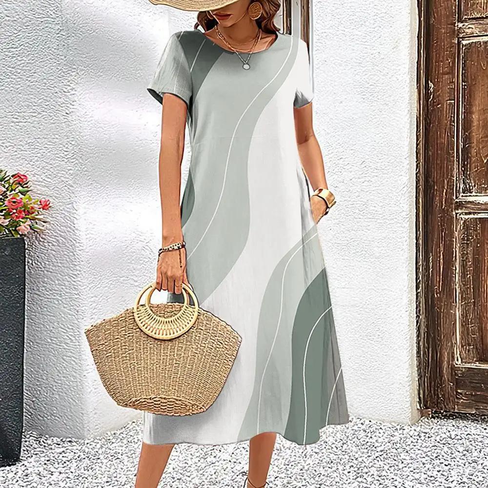 Элегантное женское платье летнее платье с короткими рукавами полосатая принтованная женская одежда свободная юбка А-силуэта повседневный круглый воротник пуловер