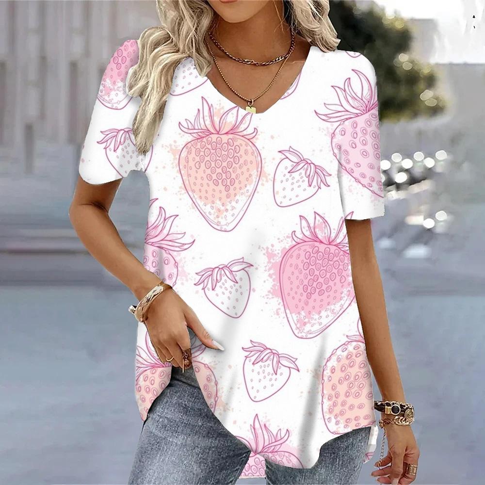 Женская футболка свободного покроя с V-образным вырезом, футболки Kawaii, женские топы с коротким рукавом, повседневные футболки с коротким рукавом, летние пуловеры, блузки