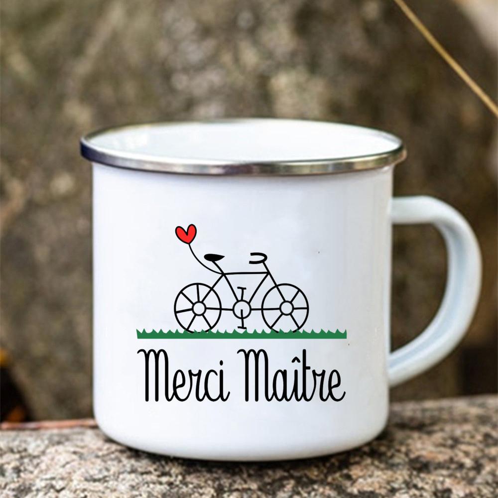 Merci Maitre Printed Mugs Creative Coffee Tea Cups Drinks Water Milk Enamel Mug School Home Handle Drinkware Gifts for Teacher