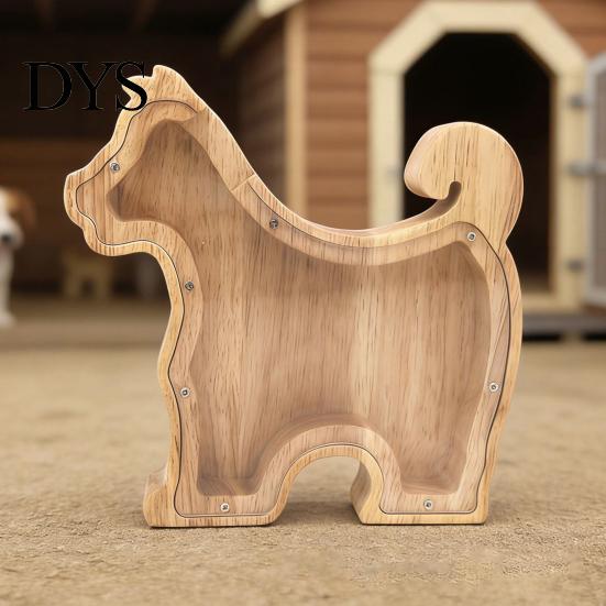 Children Piggy Bank Wooden Dog with Clear Front, Unbreakable Puppy Coin Cash Front Container, Decorative Animal Money Saving Box for Boys Girls