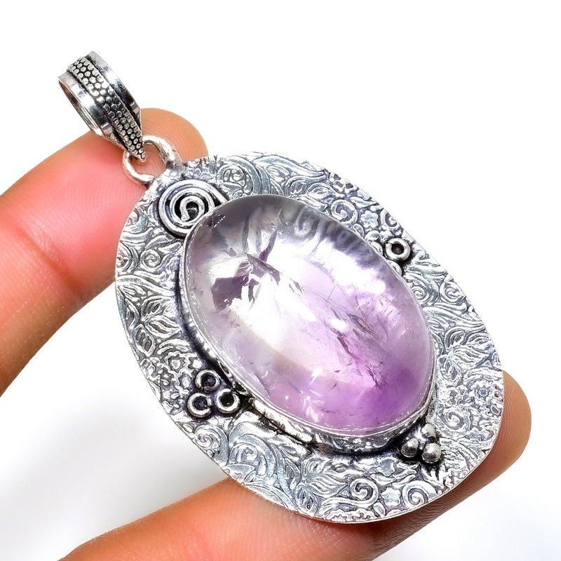 Amethyst Gemstone 925 Silver Plated Handmade Jewelry Pendant 2.46"