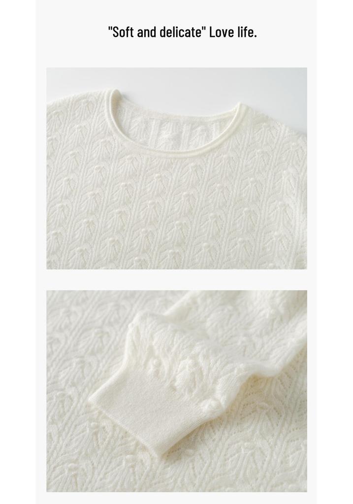 Autumn/Winter Pure Cashmere Floral Knit Sweater: Loose Fit, Rolled Hem, Round Neck, Long Sleeve
