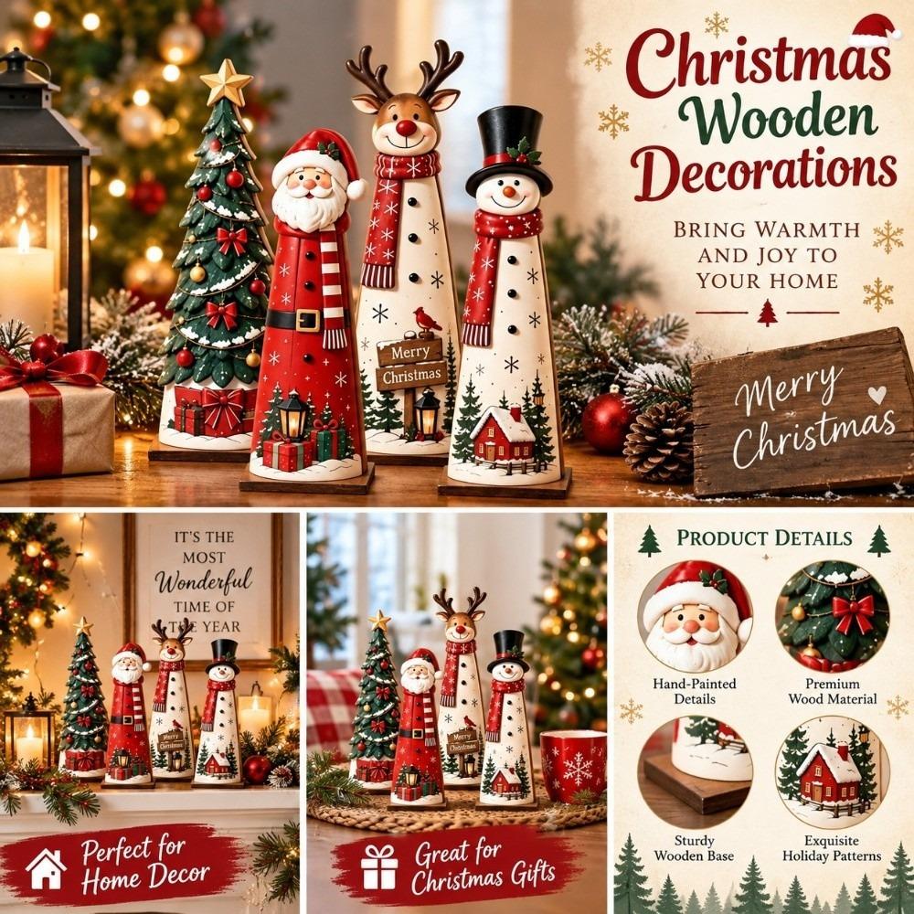 Wooden Tabletop Decor Figurines Santa Christmas Table Centerpiece Home Decor