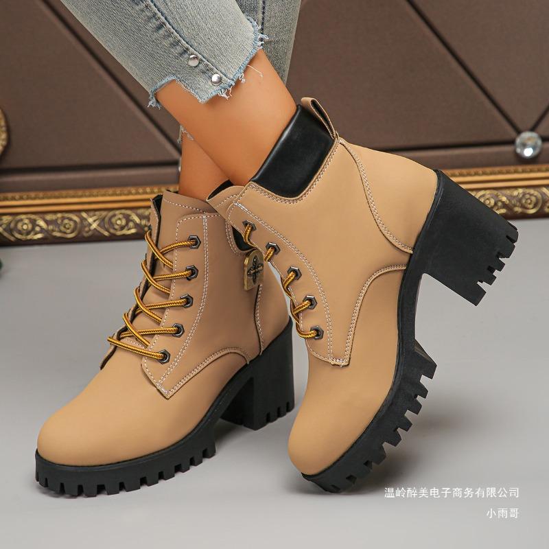 Foreign Trade Large Size Thick Heel British Style Color Matching Martin Boots Women's New Thick-soled Waterproof Table Lace-up Leather Boots
