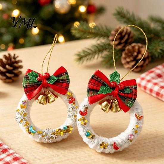 Xmas Gift Wrapping Accessories Mini Christmas Wreath Ornament, Hanging Decoration with Plaid Bow And Decorative Bells for Holiday Season Metal Bells,