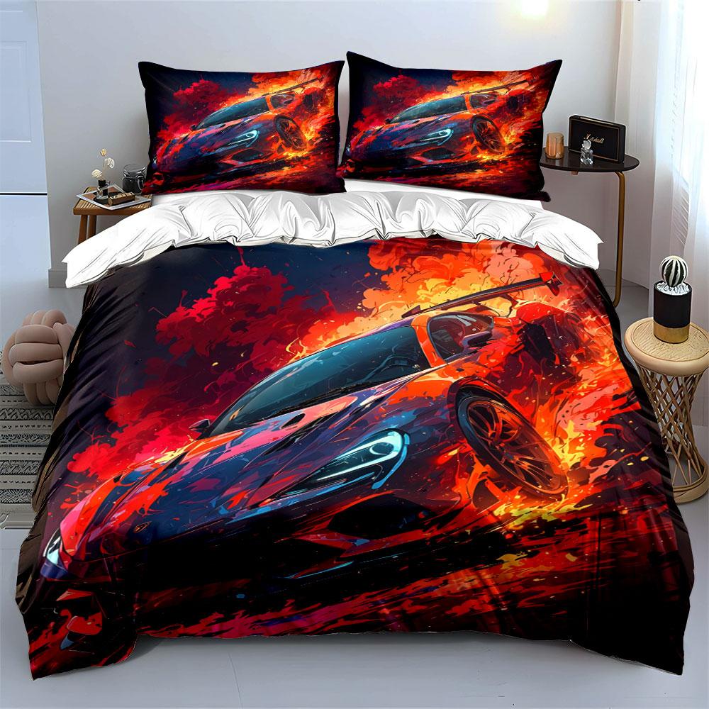 "Flaming Race Car Bedding Set" Bedding Duvet Cover Set Duvet Cover Pillowcases (1 * Duvet Cover 2 * Pillowcases, without duvet insert)