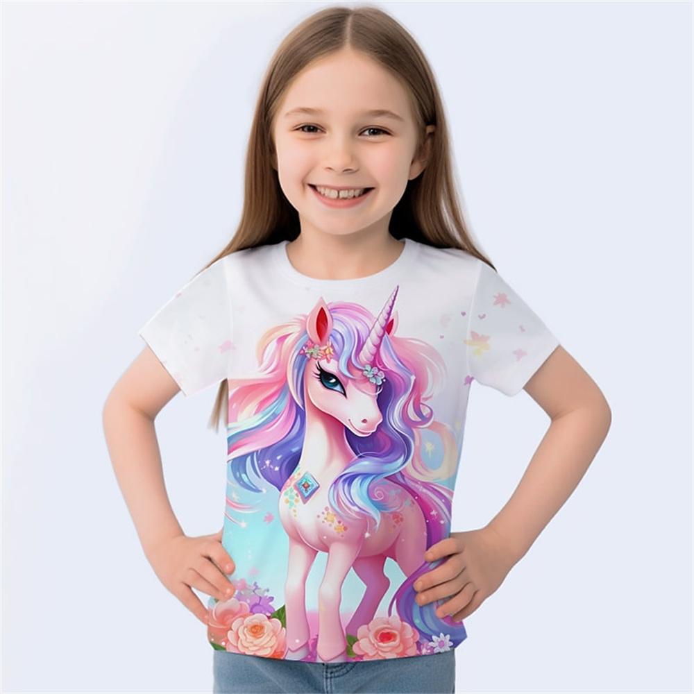 2025 Футболка с принтом животных и лошадей 3D для девочек, милые футболки для девочек, детская подарочная футболка с коротким рукавом, повседневный топ, детская одежда