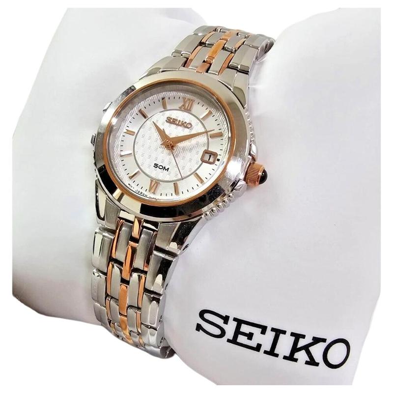 Seiko Водонепроницаемость 50 метров Кварцевые Стальной ремешок 25 мм женские часы серебристый циферблат SXDB18