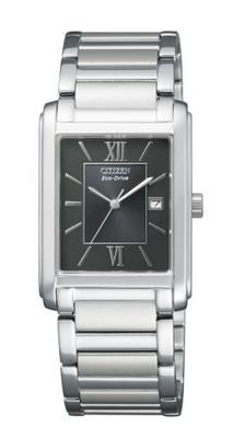 Citizen Collection Eco-Drive Прямоугольная Дата FRA59-2431 (Мужские, Черный циферблат / Серебристый браслет)