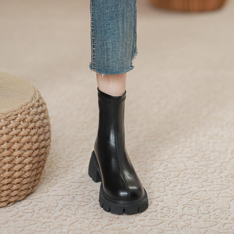 Кожаные короткие ботинки женские толстый каблук 2025 новые весенне-осенние эластичные тонкие ботинки одинарные ботинки толстая подошва британские ботинки Мартин