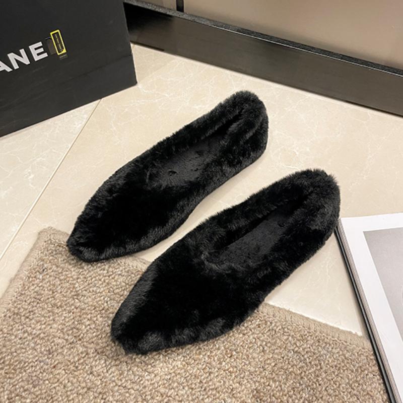 Модные туфли на плоской подошве с острым носком на меху для женщин зимой, теплые плюшевые мокасины для женщин, простые меховые туфли на высоком каблуке для торжественных случаев