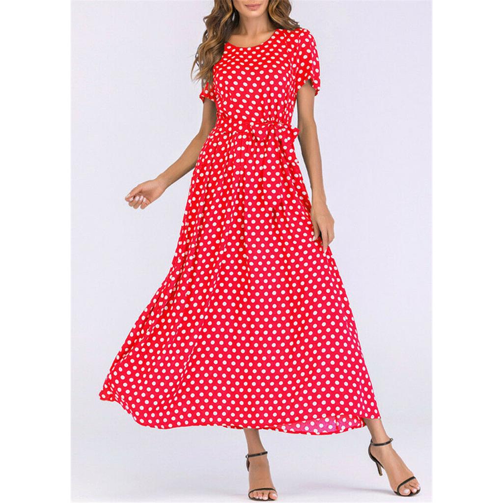 Женское модное летнее пляжное платье с короткими рукавами и круглым воротником, женское элегантное цельное длинное платье в горошек