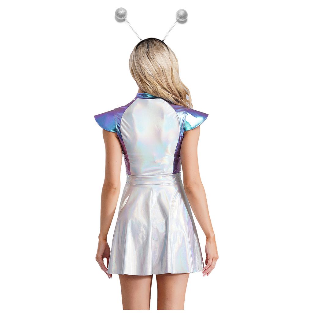 Womens Space Alien Costume Cap Sleeve Cutie Design Outer Space Theme Dress and Hair Hoop