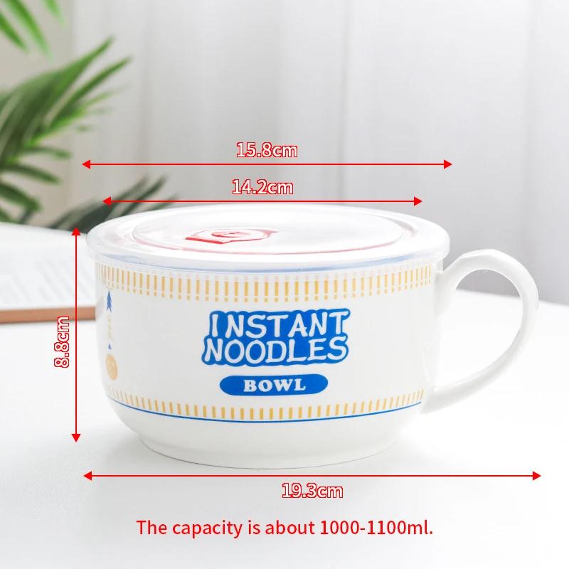 Cartoon - Printed Ceramic Instant Noodle Bowl with Lid, Single - Handle & Large Capacity Home Dormitory Bento Box Soup Bowl