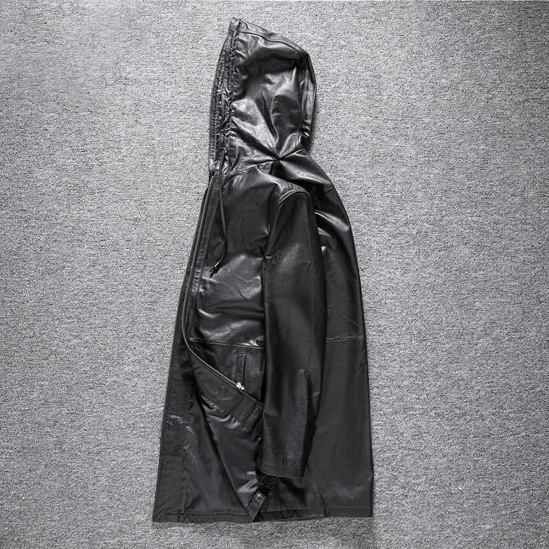 New Autumn Genuine Leather Leather Jacket for Men's Head Layer Cowhide Casual Hooded Long Windbreaker Leather Jacket with Hat