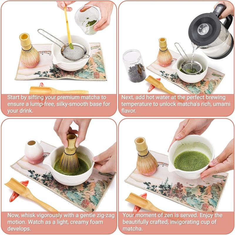 8 Pack Matcha Whisk Set, Japanese Matcha Tea Set, Ceramic Mixing Bowl with Spout, Bamboo Measuring Spoon and Scoop Stand,