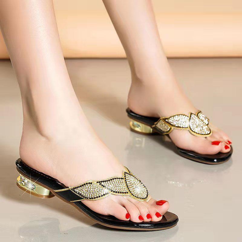Women's Shoes Rhinestone Sandals Women's Soft Leather Bottom Flip-flops Korean Version Beach Shoes