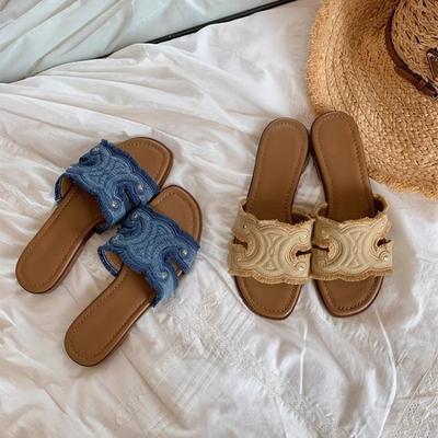 Точечная версия~ Летние тапочки из мягкой кожи и денима на одно слово женские французские маленькие прохладные тапочки супермягкие плоские полутапочки