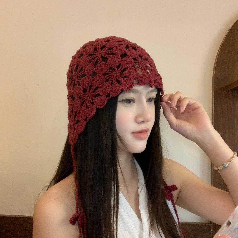 Tassel Hollowed Out Knitted Hat Floral Weave Cap Retro Bohemian Style Beanies Outdoor