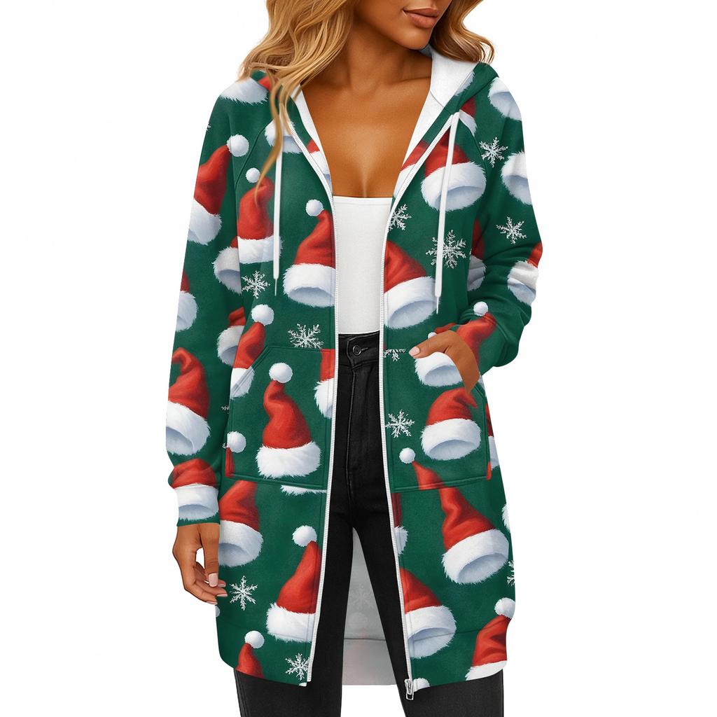 Women's Fashionable Christmas Printed Long Sleeved Drawstring Hooded Zipper Pocket Long Casual Sweatshirt Jacket