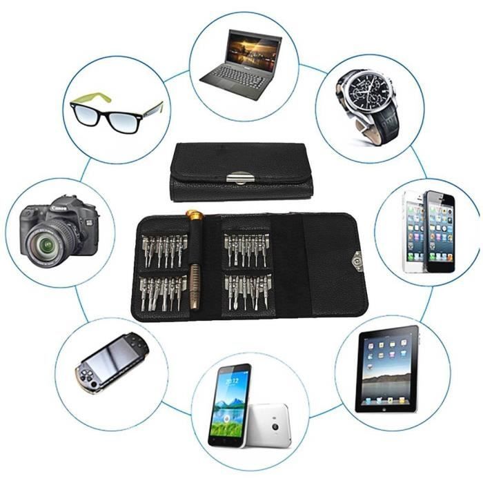 Kit de tournevis 25 en 1 - ATian - Outils de réparation - Noir - Pour téléphone cellulaire - Embouts variés