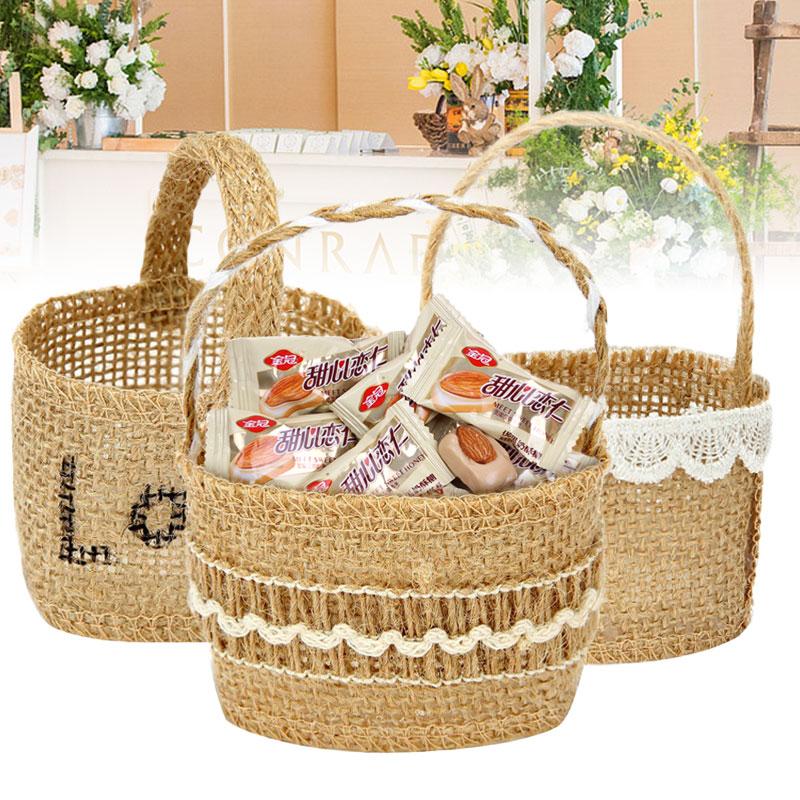 1PC Gift Bag Party Burlap Storage Basket Linen Handle Baby Shower Lace Wedding Ceremony Flower Basket Table Decoration