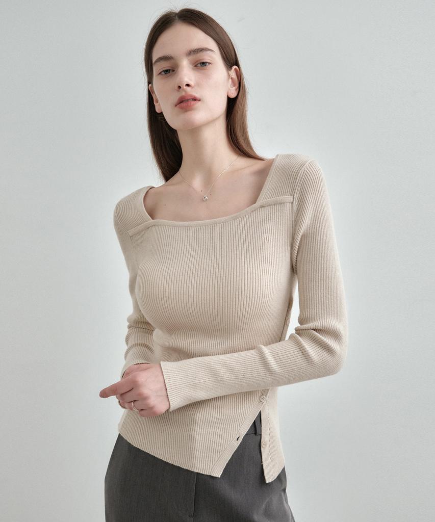 MONGDOL Square Neck Layered Diagonal Button Ribbed Knit Top Mdkt123_6 Colors