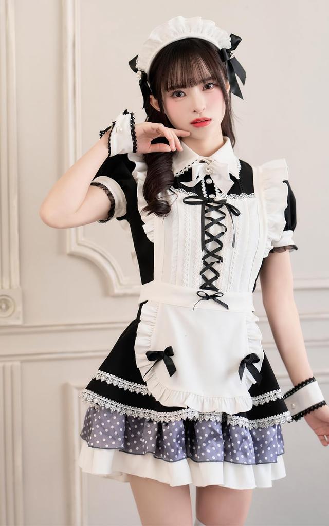 Cosplay Maid Waitress Housekeeper Dot Classic White Black Monochrome Costume Disguise Marie Moon 6 Piece Set 10224 [Malymoon] (Black)