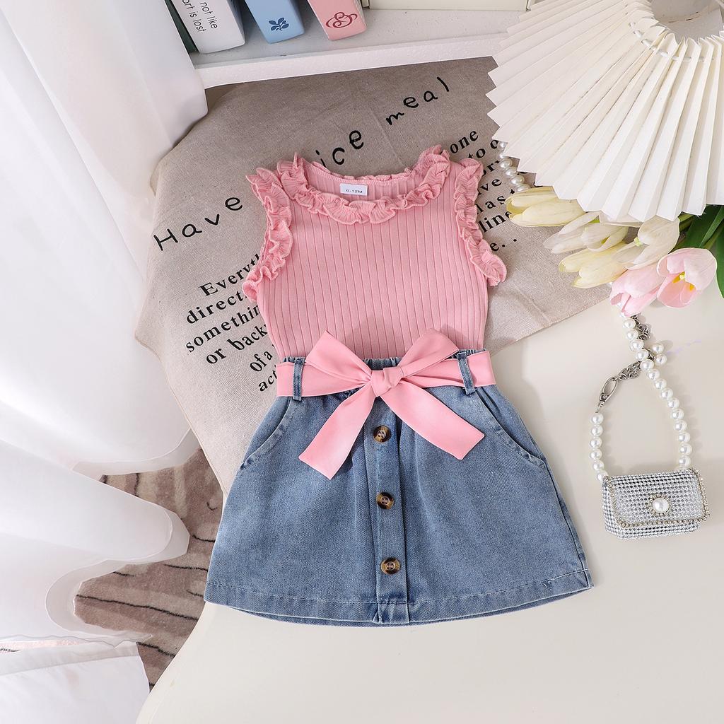 Girls Casual Suit Summer Kids Fashion Sleeveless Crew Neck Vest + Denim Shorts Suit