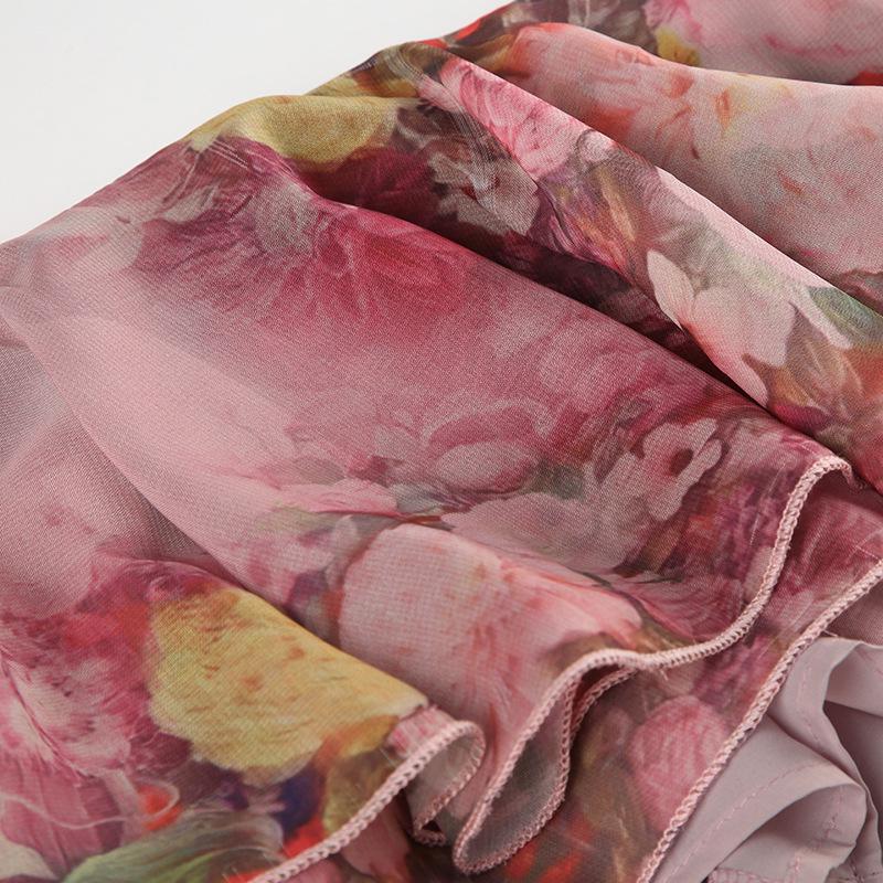 Европейский стиль 2024 года, макси-юбка с цветочным принтом, асимметричная, с двухслойными оборками