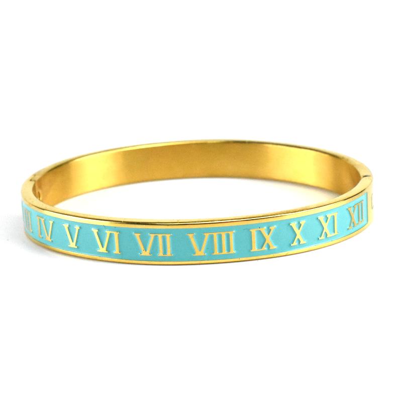 Luxury Cuff Retro Vintage Stainless Steel Bracelets For Men Blue Enamel Roman Numeral Bangle Couple Pulseras Jewelry