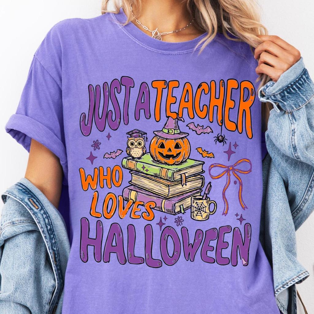 Just A Teacher Who Loves Halloween Comfort Colors® Shirt, Funny Halloween Teacher T-Shirt, Spooky Teacher Gift, Teacher Halloween Tee