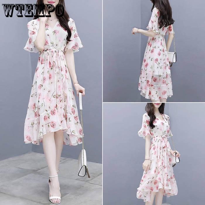 Женское шифоновое платье с v-образным вырезом и принтом, облегающие пляжные платья трапециевидной формы, пляжная юбка средней длины