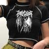 Women's T-Shirt Crop Top Harajuku Retro Korean Black Demon Punk Gothic Anime Print Clothes Slim Anime