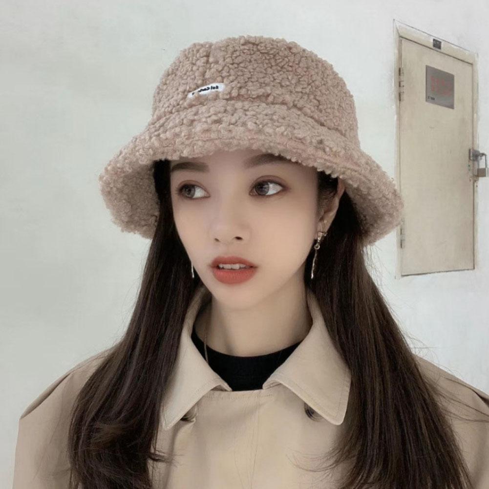 Lady Autumn Winter Fleece Fisherman Hat Solid Color Embroidery Letter Warm Plush Basin Cap