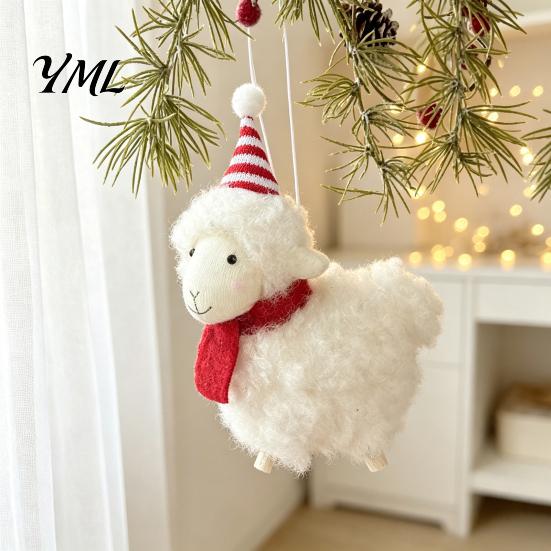 Desktop Festive Ornaments Plush White Sheep Christmas Ornament, Cute Knit Hat Lamb Tabletop Decoration, Soft Knitted Accessories Fabric Hanging