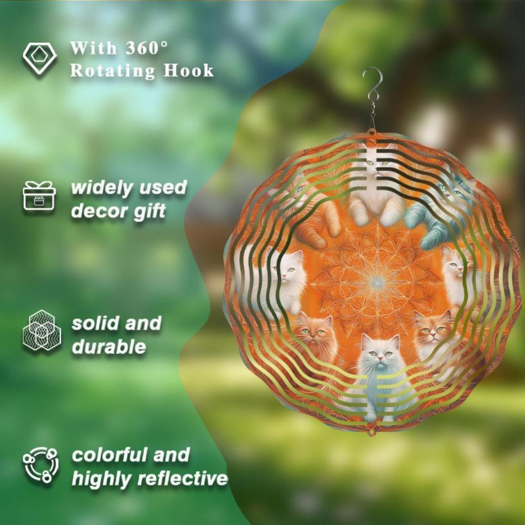 25.4cm Rotating Cat Wind Chime Artistic Metal Garden Decor with Orange and White Cats Perfect Gift for Cat Lovers Year Round Outdoor Hanging Ornament