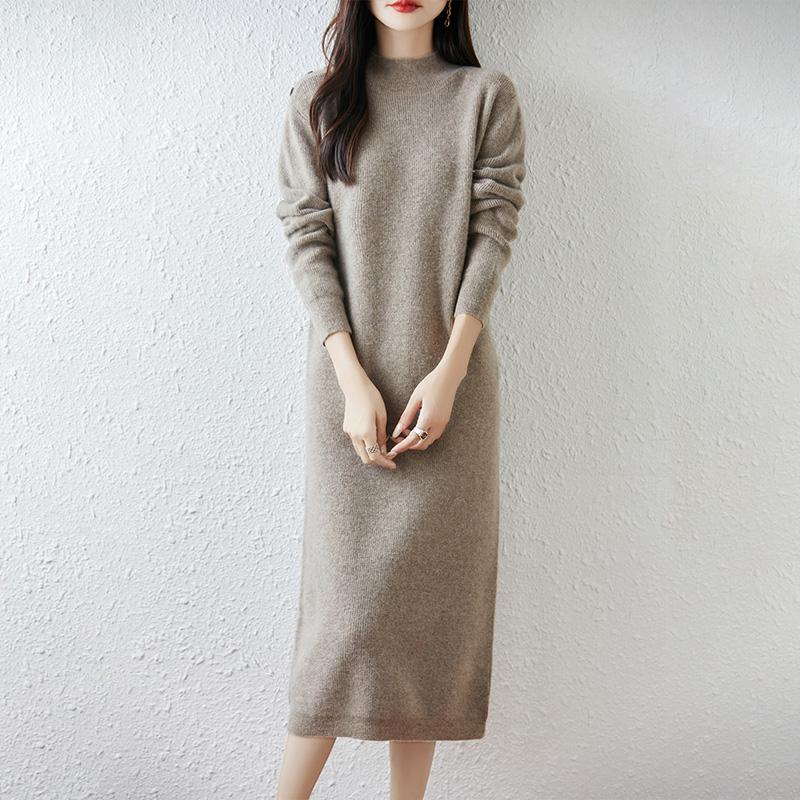Women Sweater Dress 100% Wool TIDENOVEL O-neck Knit Long Pullover Winter Jumpers Wool Long Dress Female