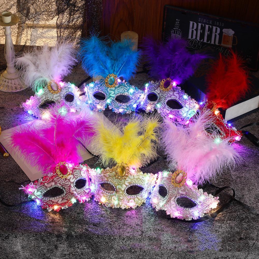Rhinestone LED Glowing Mask Plastic Venice Masquerade Mask Creative Feather Mask  Halloween