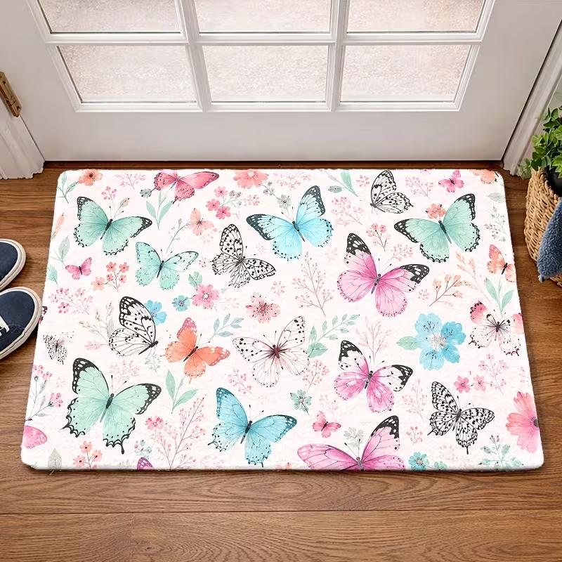 Watercolor Pink Butterfly Rose Door Mat Non Slip Indoor Entrance Rug Vintage Soft Floral Blush Texture Print Doormat