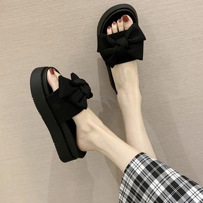 Тапочки женские летние модные новые с бантом на толстой подошве маффин шлепанцы на одной перемычке универсальные пляжные сандалии