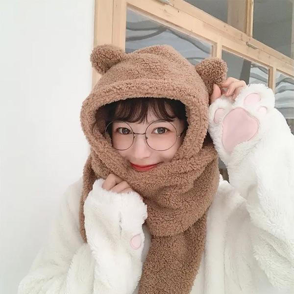 Fashion Winter Women Novelty Beanies Caps Warm Bear Ear Hat Casual Plush Hat Scarf Set Casual Solid Women Caps Present