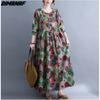 Плюс размер 2021, новое осеннее платье, женское льняное платье с цветочным принтом, элегантное повседневное платье макси с длинными рукавами, свободные винтажные платья оверсайз, одежда 9020