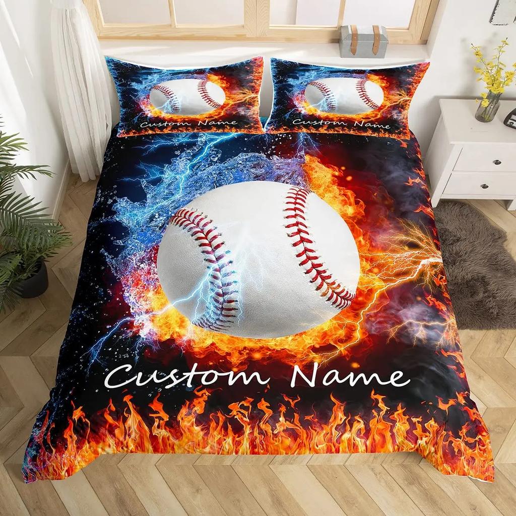 Пододеяльник с именем на заказ для мальчиков-подростков, синий пламенный футбольный комплект постельного белья, персонализированный спортивный чехол для одеяла, декор для спальни